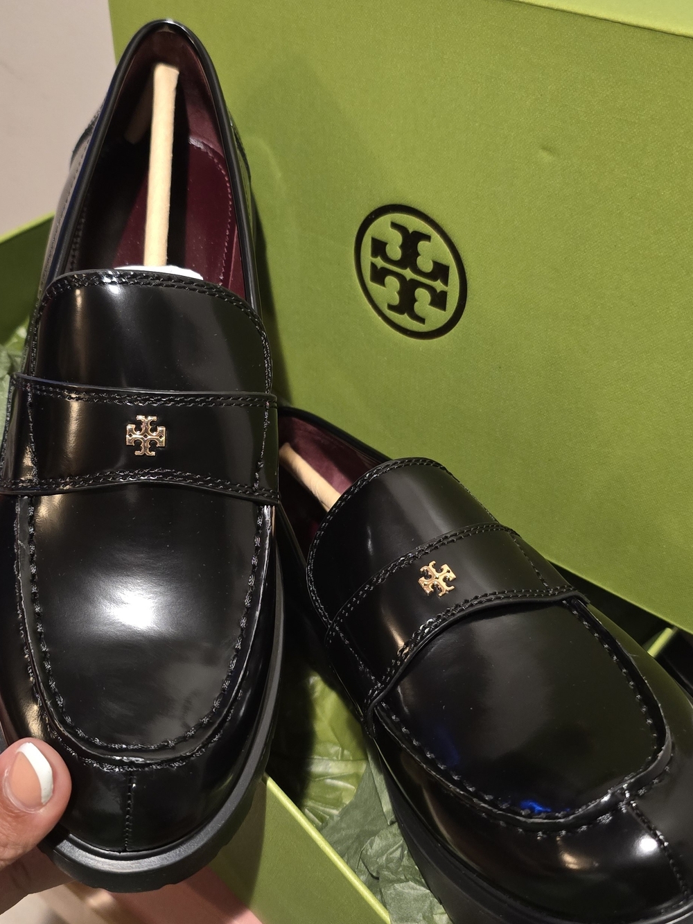 Tory Burch Black Patent Leather Loafers with Gold Logo